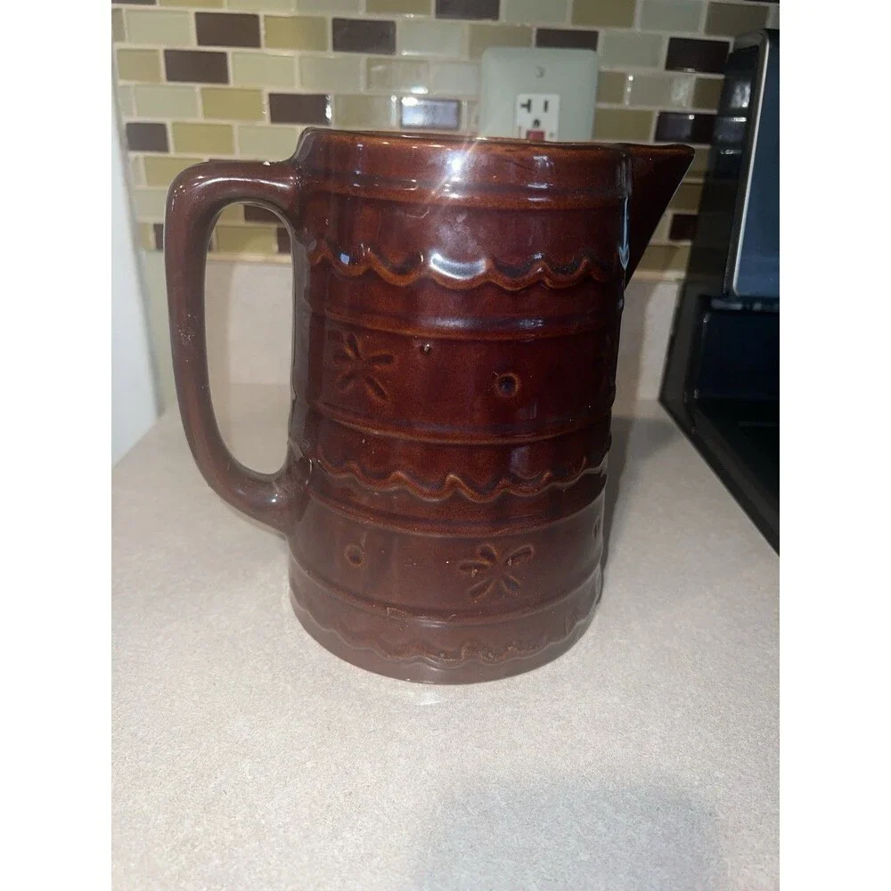 MAR-CREST Oven-Proof STONEWARE PITCHER 2 Qt Brown Pottery Farmhouse Vintage